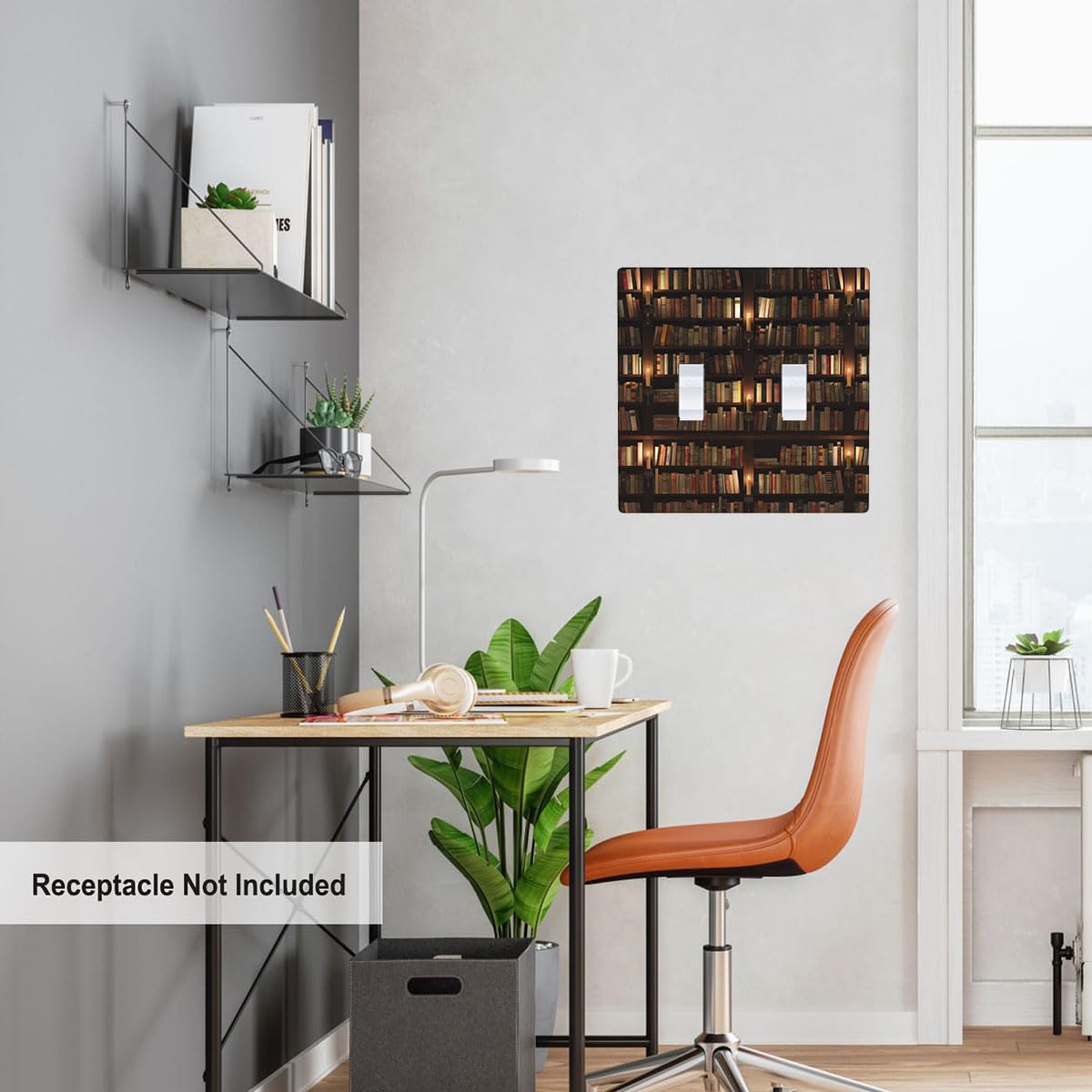 Bookshelf Double Toggle Light Switch Cover Library Books Wood Shelf Wall Plate Covers 2-Gang Toggle Switch Plates Home Decorative Office