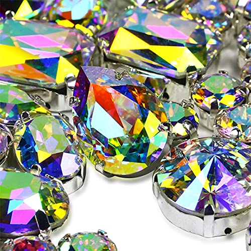 DONGZHOU Crystal AB Fancy Stone with Setting Sew On Rhinestones with Silver Claw Sewing Crystals Glass Crystal Stone gems for DIY Crafts Jewelry Making hat Clothes Mask Wedding Dress Decoration