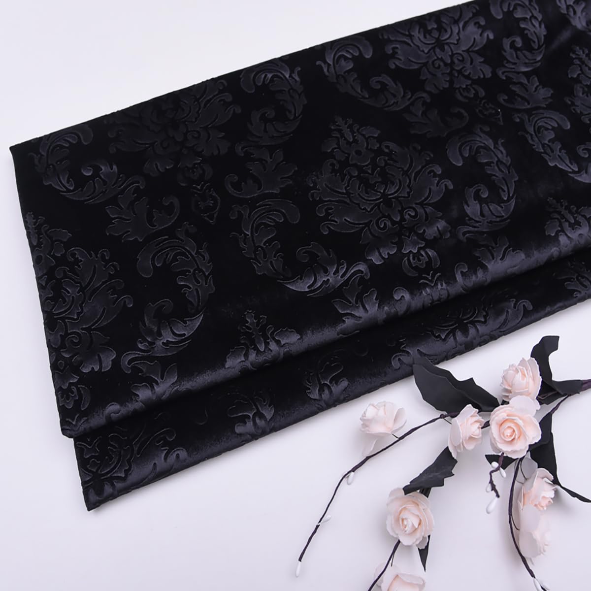 Brocade Embossed Velvet Fabric Floral Pattern Fabric for Pillows Cushions Clothing Drapes Sewing Crafts by the Meter(Color:2 Black)