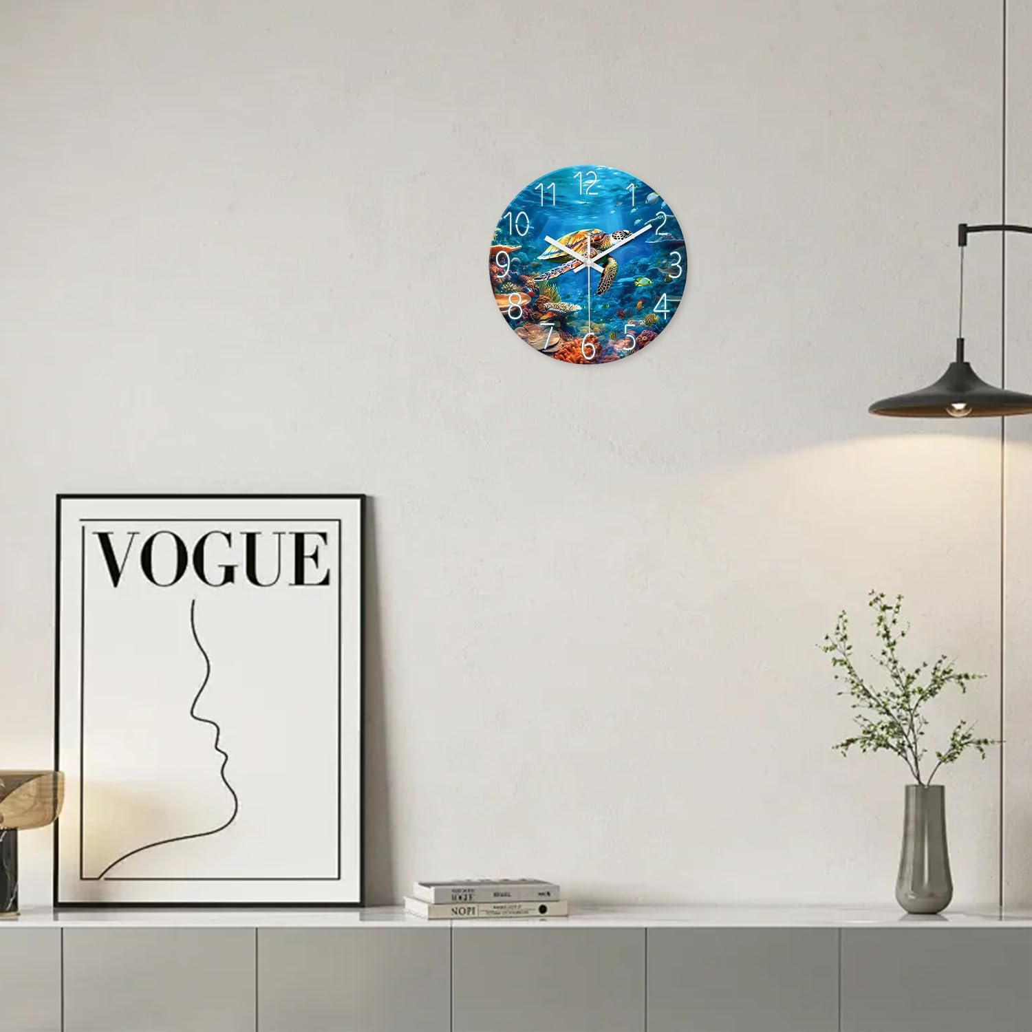 XNM Blue Sea Turtle Glass Clocks for Living Room Decor Ocean Large Wall Clocks Battery Operated 16 Inch Silent Wall Clock Modern