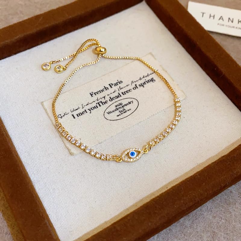 Evil Eye Bracelet for Women, Dainty Devil Eyes Tennis Bracelets, Cute Sparkly Faux Diamond Cubic Zirconia Link Bracelets With Lucky Charm, Small Wrist Friendly Karma and Luck Energy Protection Hand Chain, Adjustable CZ Jewelery Gifts (2mm Gold) 5