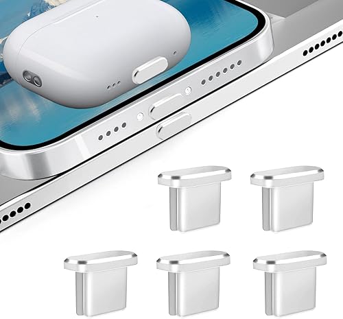 Diseñado para iPhone 15 Pro Max Plus USB-C antipolvo, tapones de metal tipo C para puerto de carga (5 unidades, plateado)