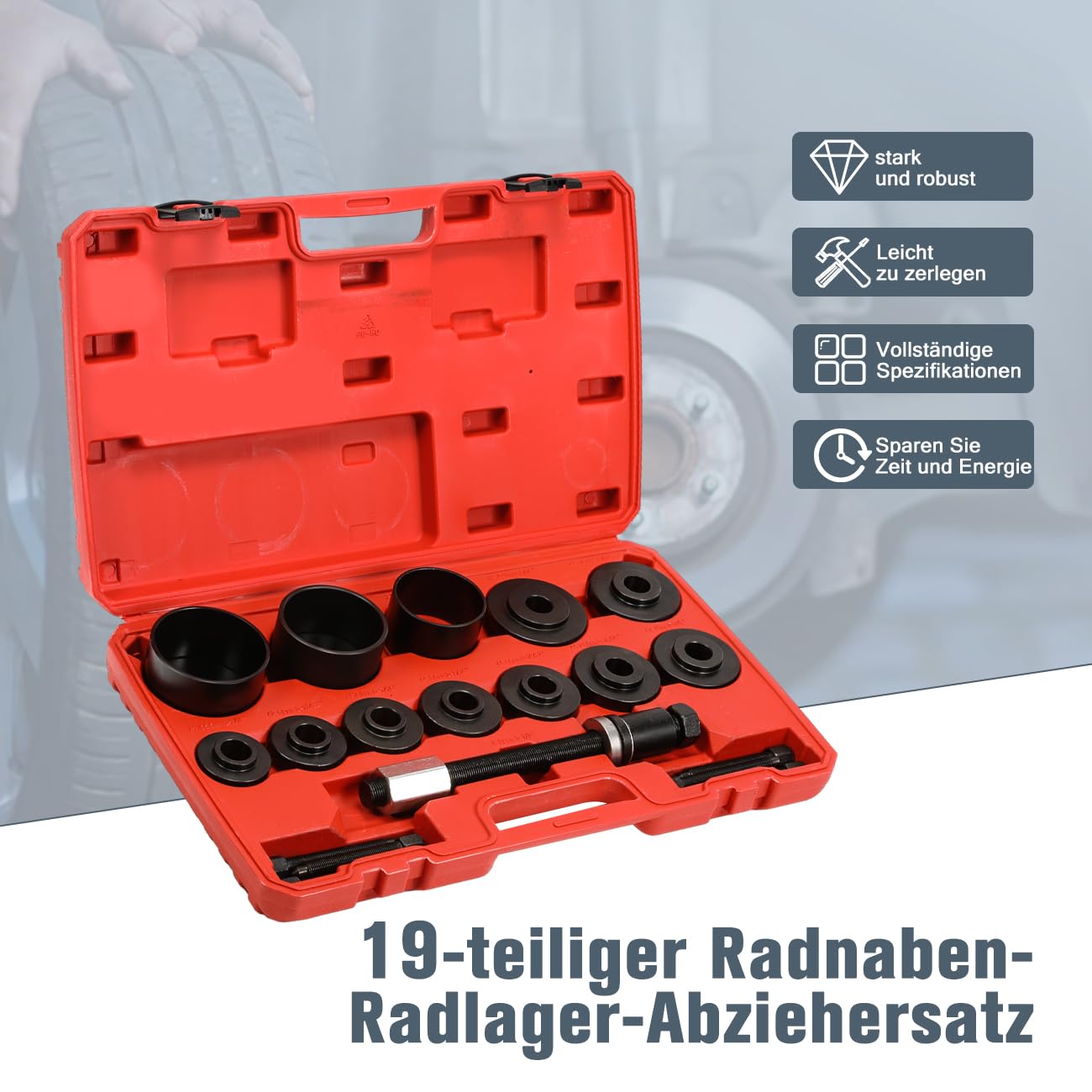 19 TLG Radlager Werkzeug Set Radlagerwerkzeug Radnabe Abzieher Ausdrücker Montage Demontage Kompatibel mit VW Kompatibel mit Audi Kompatibel mit Opel Kompatibel mit FIAT Kompatibel mit BMW