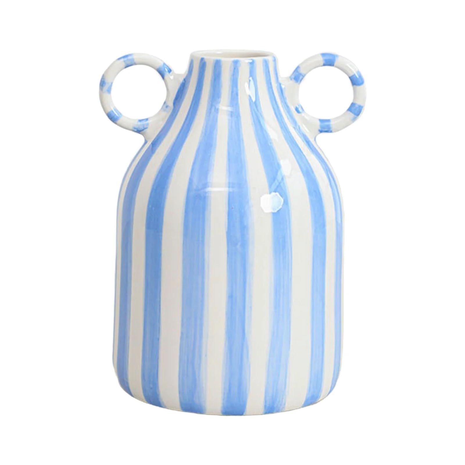 Geometric Vases Art Vase Ornament Double Ear Striped Ceramic Hydroponic Flower Cutting Bottle Home Decoration Flowerpot(Blue)