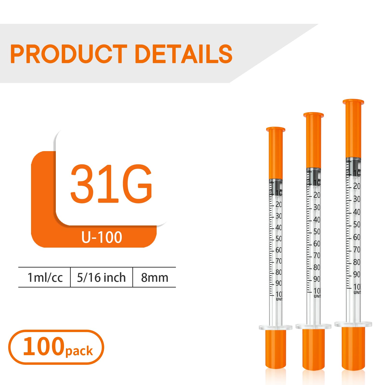 Jeringas, 1 ml 31G 5/16" (8 mm) jeringas con agujas para inyectar, puste pojedyncze | pakowane pojedynczo, 100 sztuk