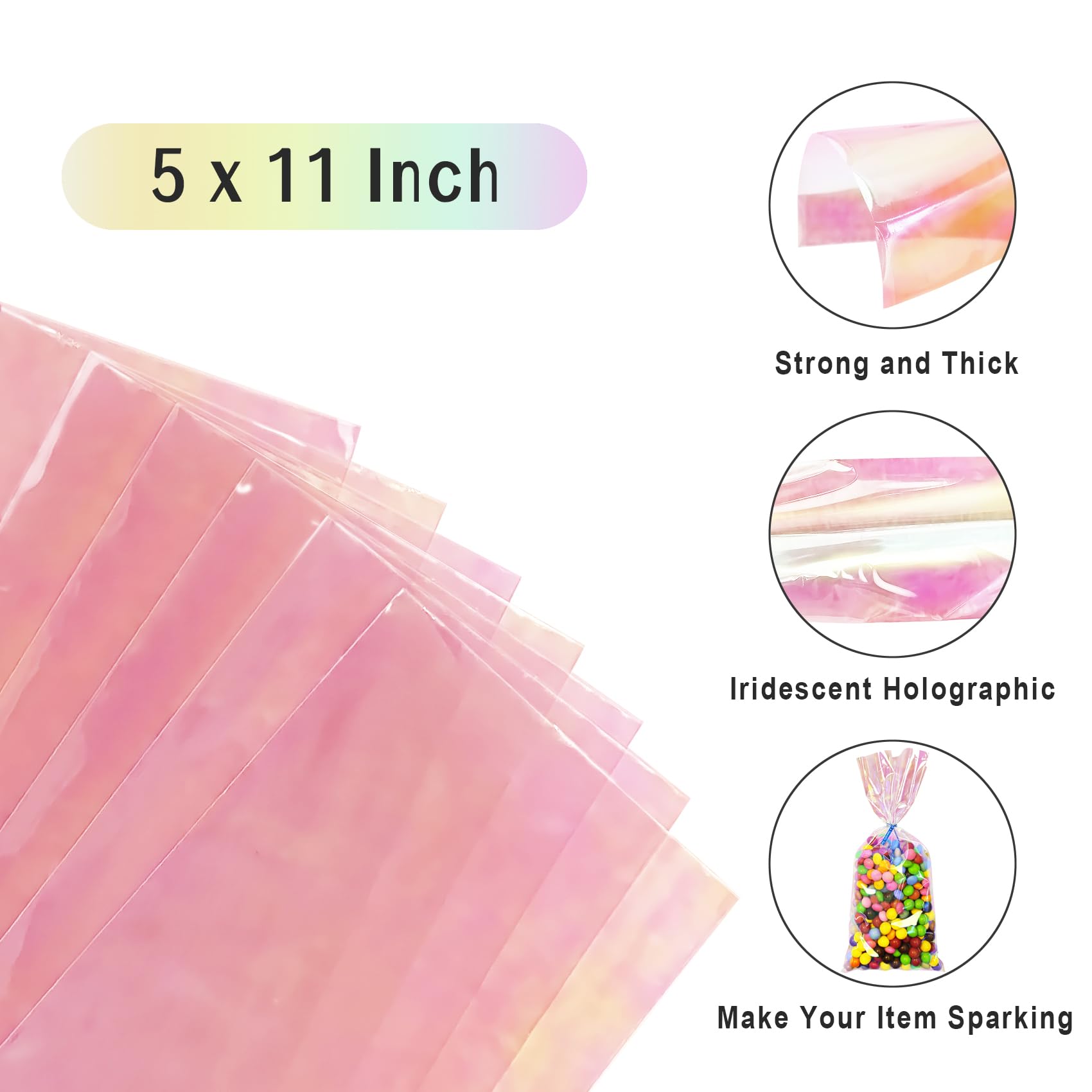 Yotelab Iridescent Holographic Cellophane Treat Bags, 5x11 Inches, Party Favors with Twist Ties, 100 Pieces