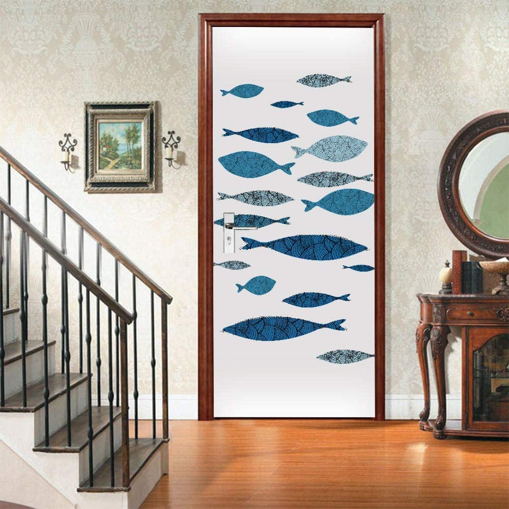 Handgemalte Fisch-Türtapete 90x200cm - Selbstklebende 3D Türfolie Wasserfest & Abziehbar