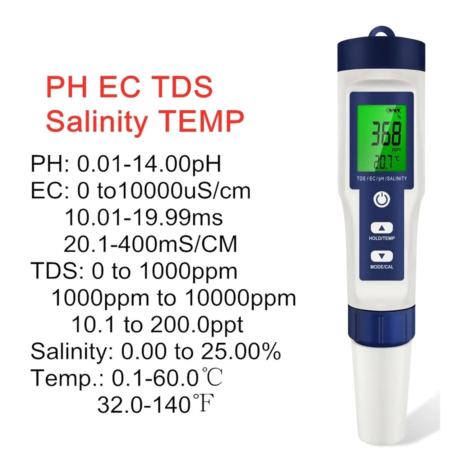 TDS Meter, Digital Water Tester 5 in 1 PH TDS EC Meter Salinity Temperature Conductivity Filter Purity Pen with Backlight,Digital Water Tester