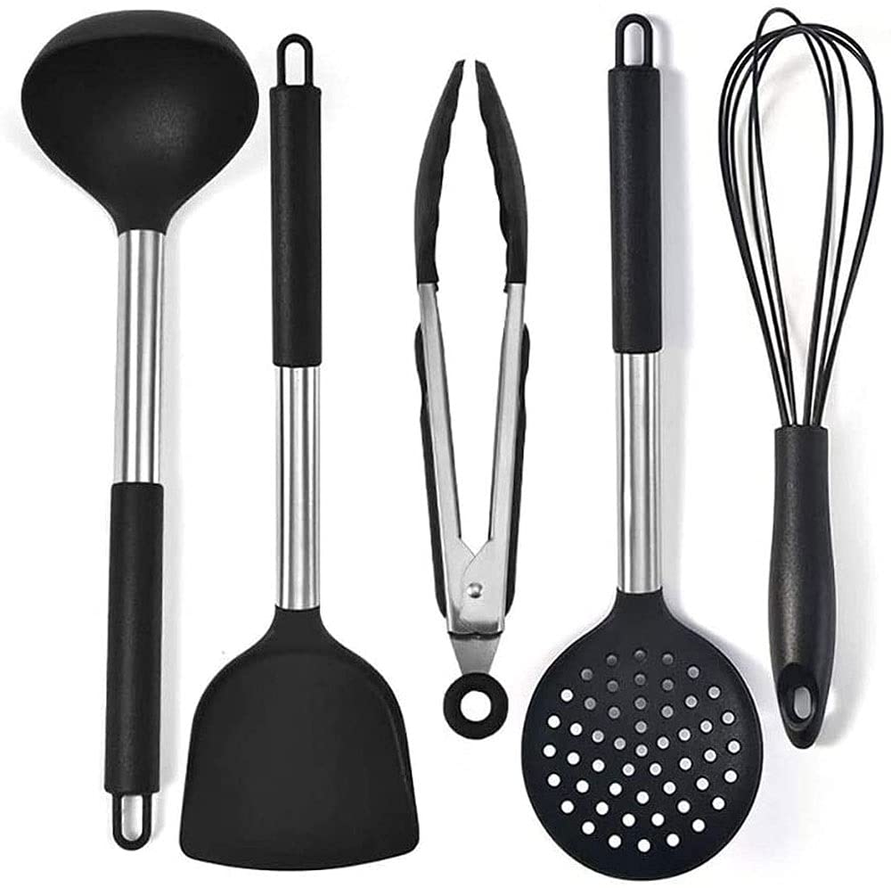 5 Silicone Cooking Utensils Kitchen Utensil Set -Kitchen Utensil Sets for Nonstick Cookware Black Kitchen Tools Spatula with Stainless Steel Handle