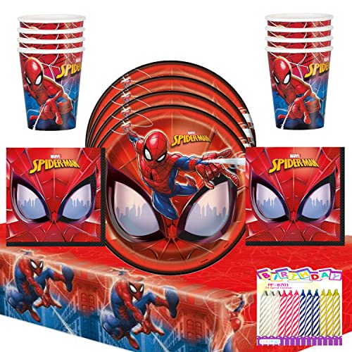 Marvel Spiderman Party Supplies Pack Serves 16: Spider-Man 9" Dinner Plates, Luncheon Napkins, Cups, And Table Cover With Birthday Candles (Bundle For 16) #TOP21