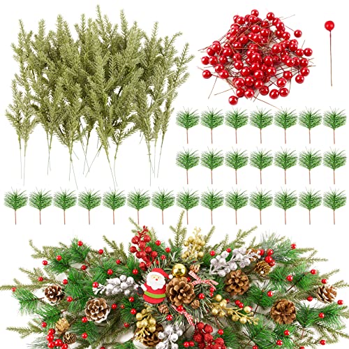 VINFUTUR 60pcs Ramas de Pino Artificial de Navidad Ramas de Abeto Ramitas Verde+100pcs Bayas Artificiales Rojas de Acebo Accesorios Corona Navidad Decoración Árbol Navidad