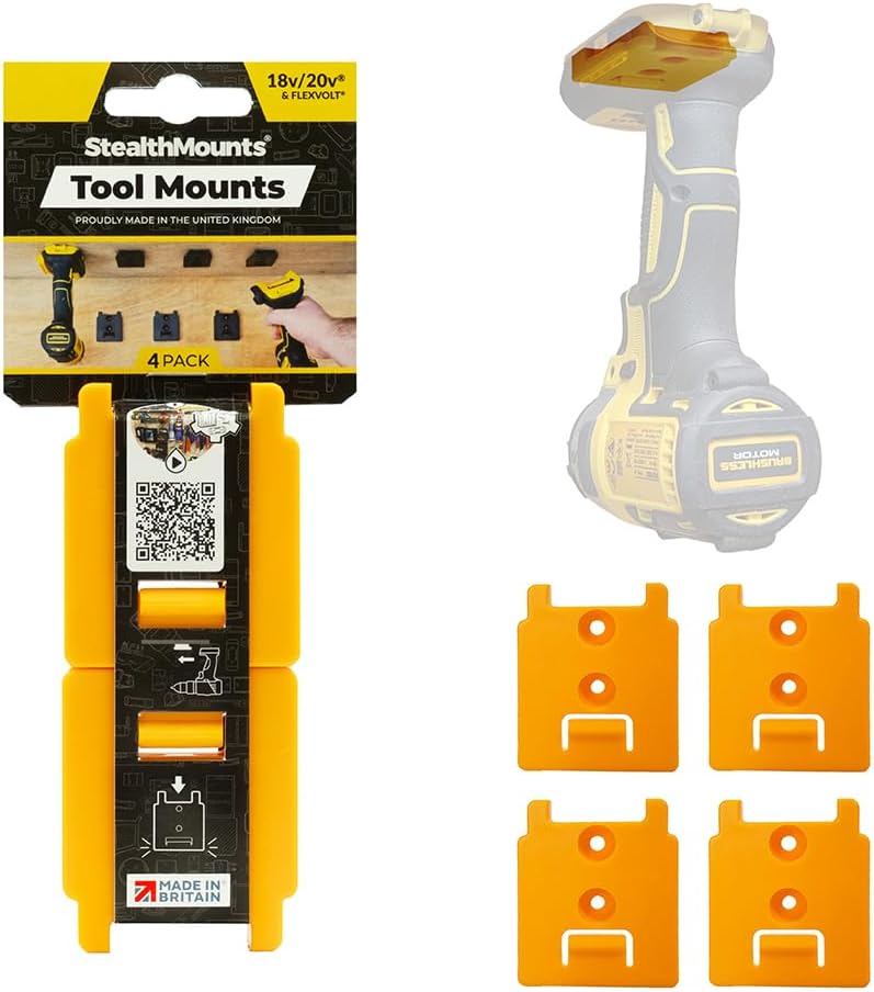StealthMounts Tool Holder Compatible with DeWalt 20v/60v (4 Pack) - Yellow | StealthMounts Locking Tool Mounts | Made in the UK