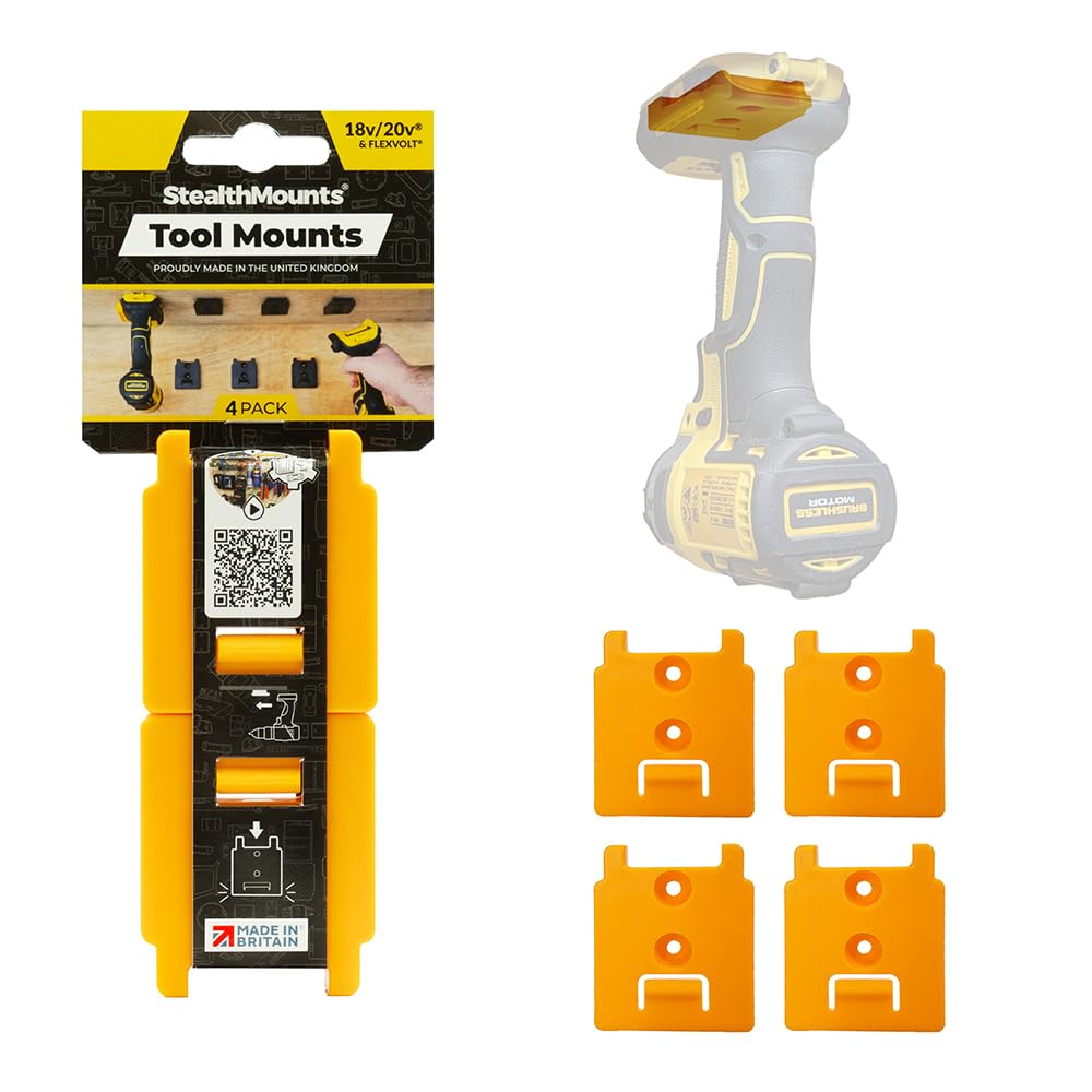 StealthMounts Yellow Tool Holders compatible with DeWalt MAX + XR + Flexvolt | Cordless Tool Mounts18v + 20v Power | 4 Pack | Workshop Organizer | Made in the UK