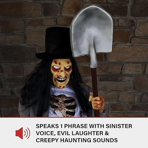 Miniatura 6 de Haunted Hill Farm Tekky - Excavador de tumbas agachado activado por movimiento de Tekky, animatrónico parlante de Halloween para interiores o