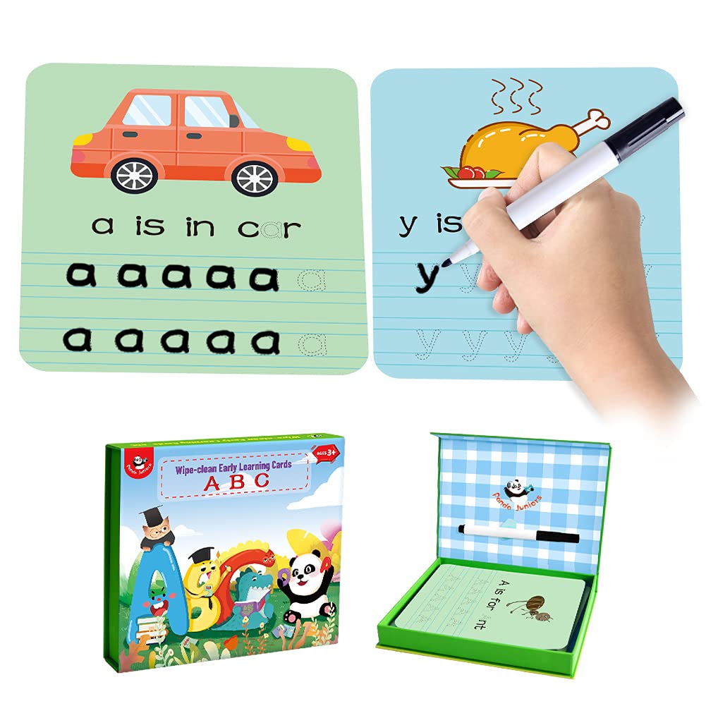 Photo 1 of Panda Juniors Alphabet Flash Cards, Write and Wipe Practice Card Sight Words Flash Cards Kindergarten ABC Flashcards, Educational Toys for 3 4 5 6 7 8 Years Old (30 Flashcards and Marker)