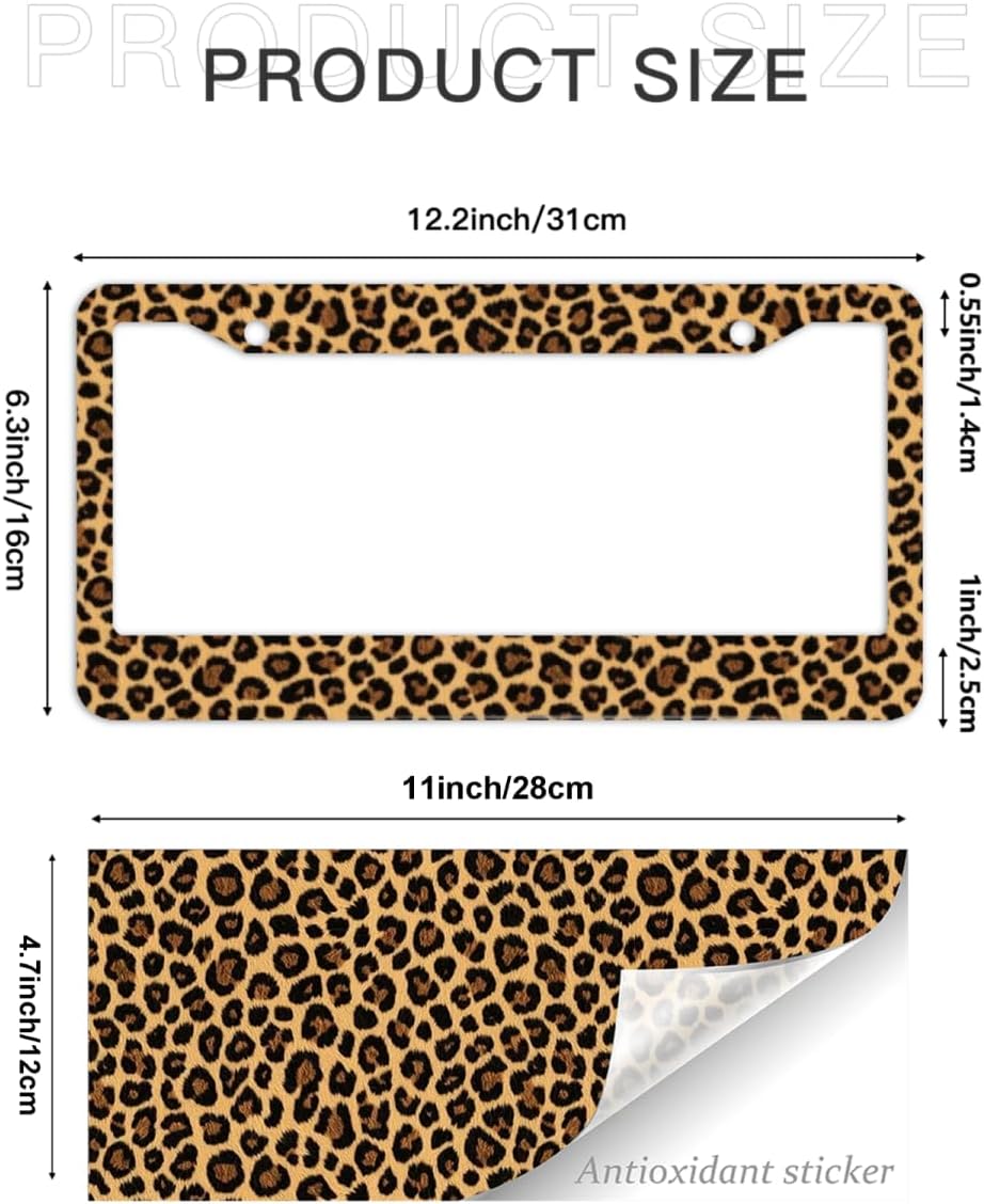 Leopard Print License Plate Frame - Brown Cheetah License Plate Frame 2 Hole Aluminum Car Accessory 12.3 X 6.3Inch Car Sticker Gift for Men Women image 2