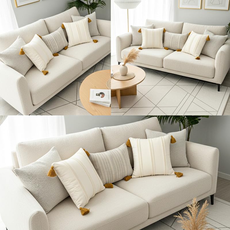 Image of Bird Wing Decorative Throw Pillow Covers with Tassels, Square, Cream Bohemian Lace Stripes Design, Set of 2, Beige Color Size: 12x18 Inches