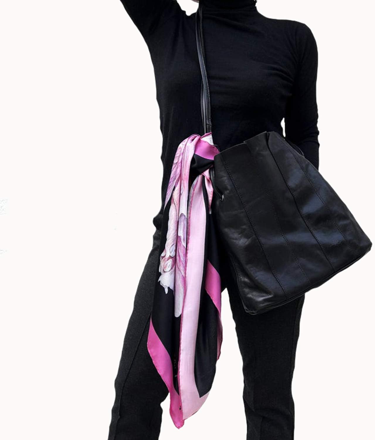 Large Square Silk Scarf, Black Shawl with Pink Flower, Mother, Women Gift - Image 5