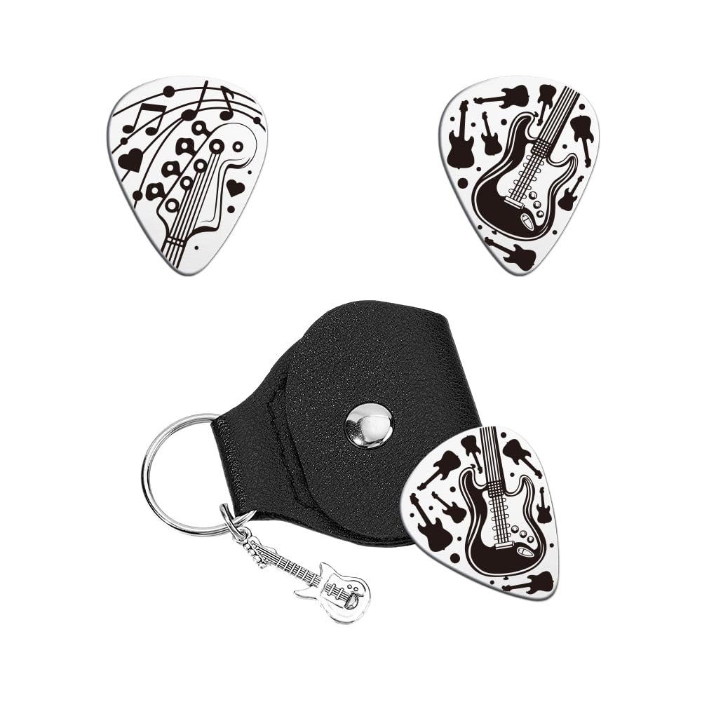 UNICRAFTALE about 2pcs Guitar Picks Gifts Stainless Steel Guitar Picks Music Note Plectrum Guitar Set including PU Leather Case Guitar Pattern Personalized Plectrum Guitar Accessories for Guitar Players