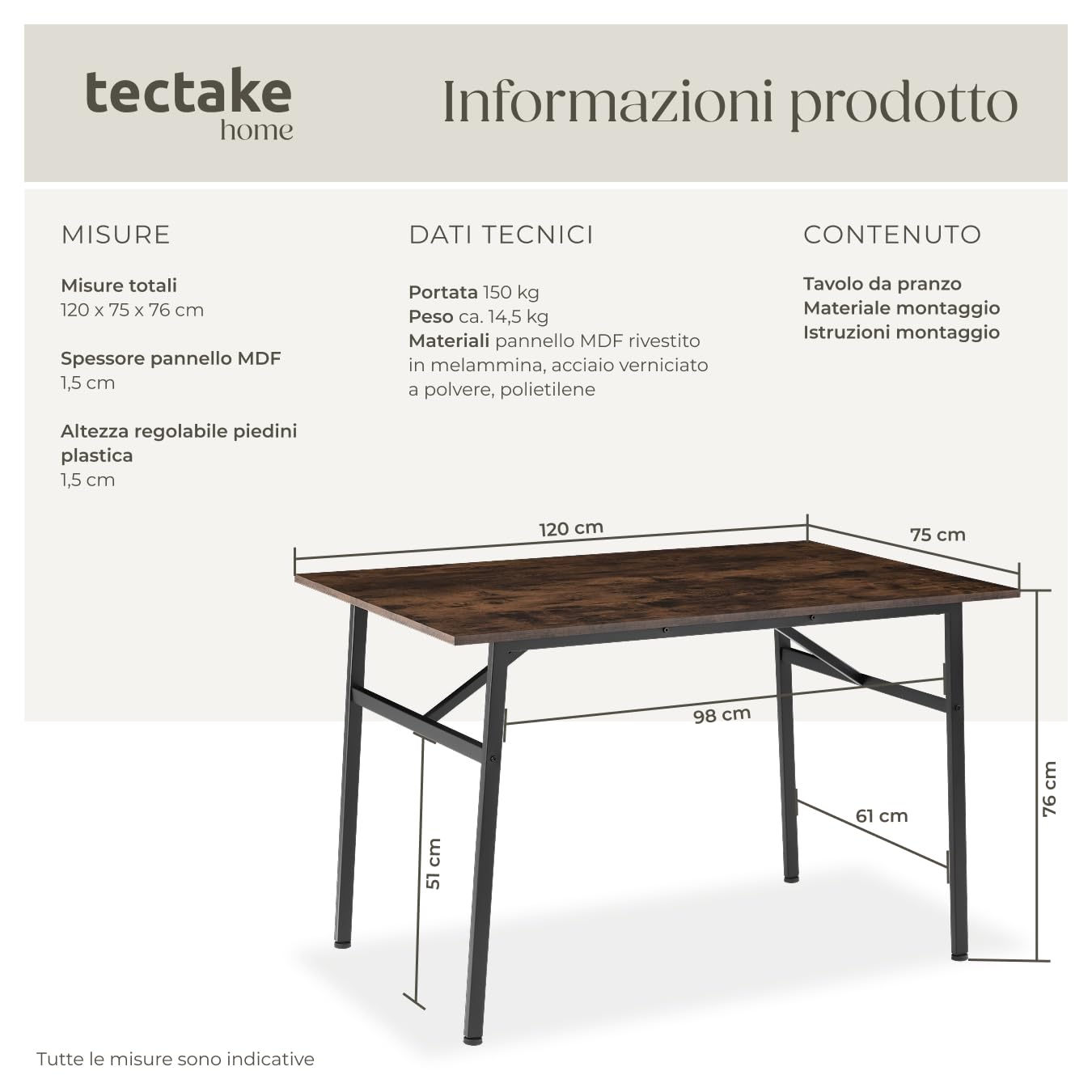 tectake® Tavolo da Pranzo - 120 x 75 x 76 cm - Tavolo per Casa e Cucina Moderno, Banco da Lavoro Salvaspazio per Soggiorno, Arredamento Casa - Legno Industriale Scuro