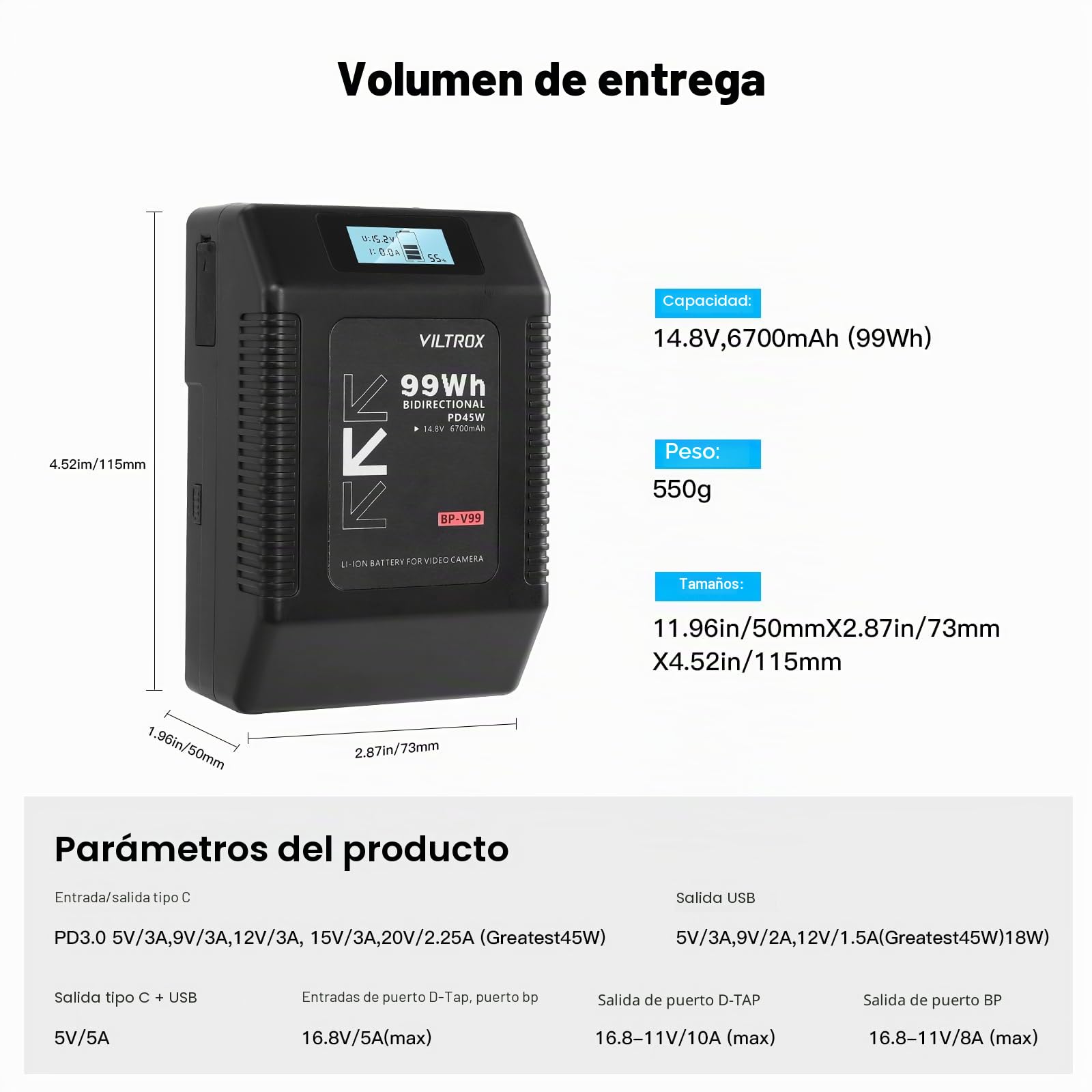 VILTROX BP-V99 Mini V Mount Batería,Batería V Mount 6700mAh con Pantalla LCD,Dual D-Tap&USB Salida 99Wh/14.8V,Negro V Mount Mini Lock Battery para Cámaras,Videocámaras,Luces LED,Monitores y Smartphone