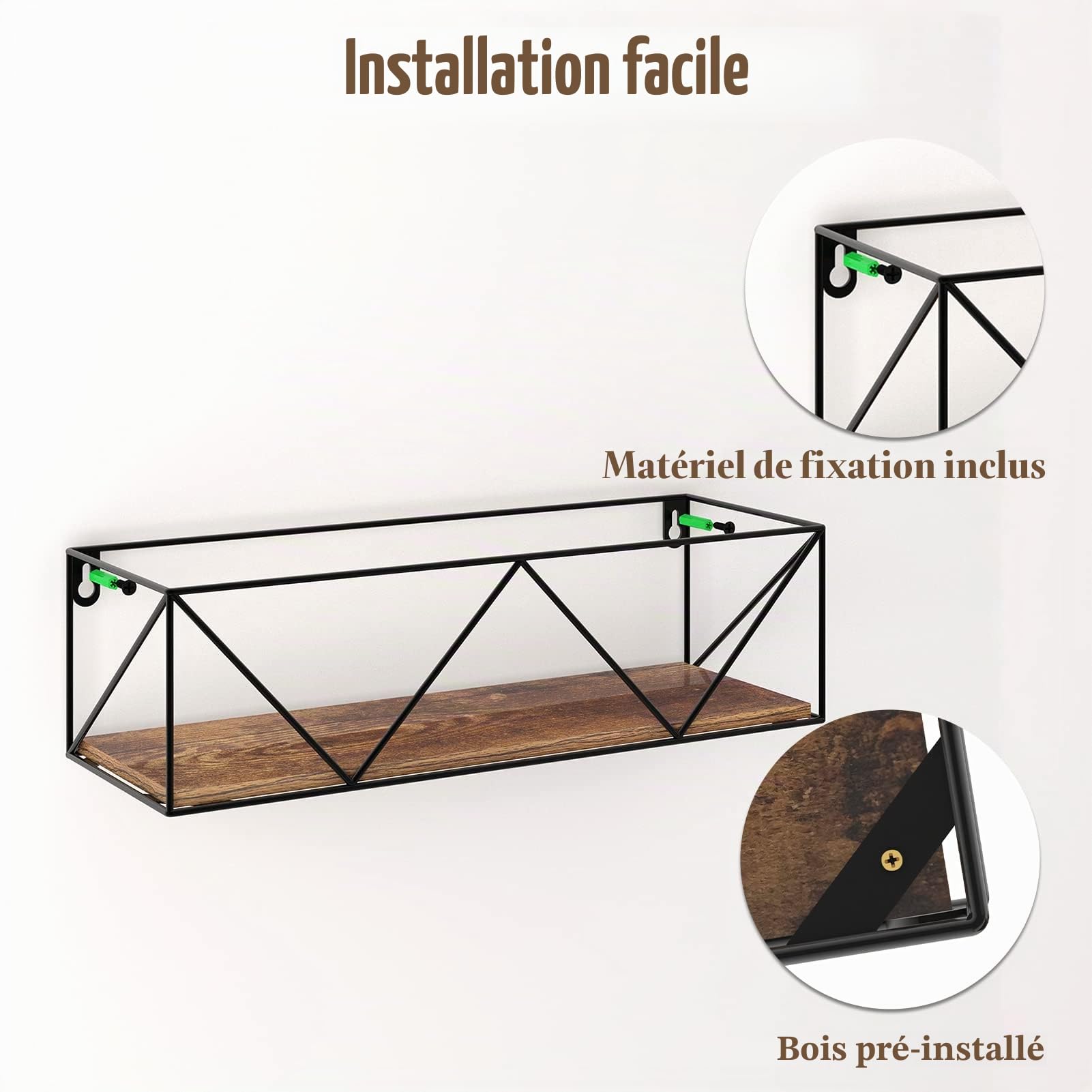HORLIMER Lot de 5 Etagères Murales Flottantes, Étagères en Bois Marron et Fer Noir de Haute Qualité avec Design Flexible pour Salon, Chambre, Salle de Bain, Bureau