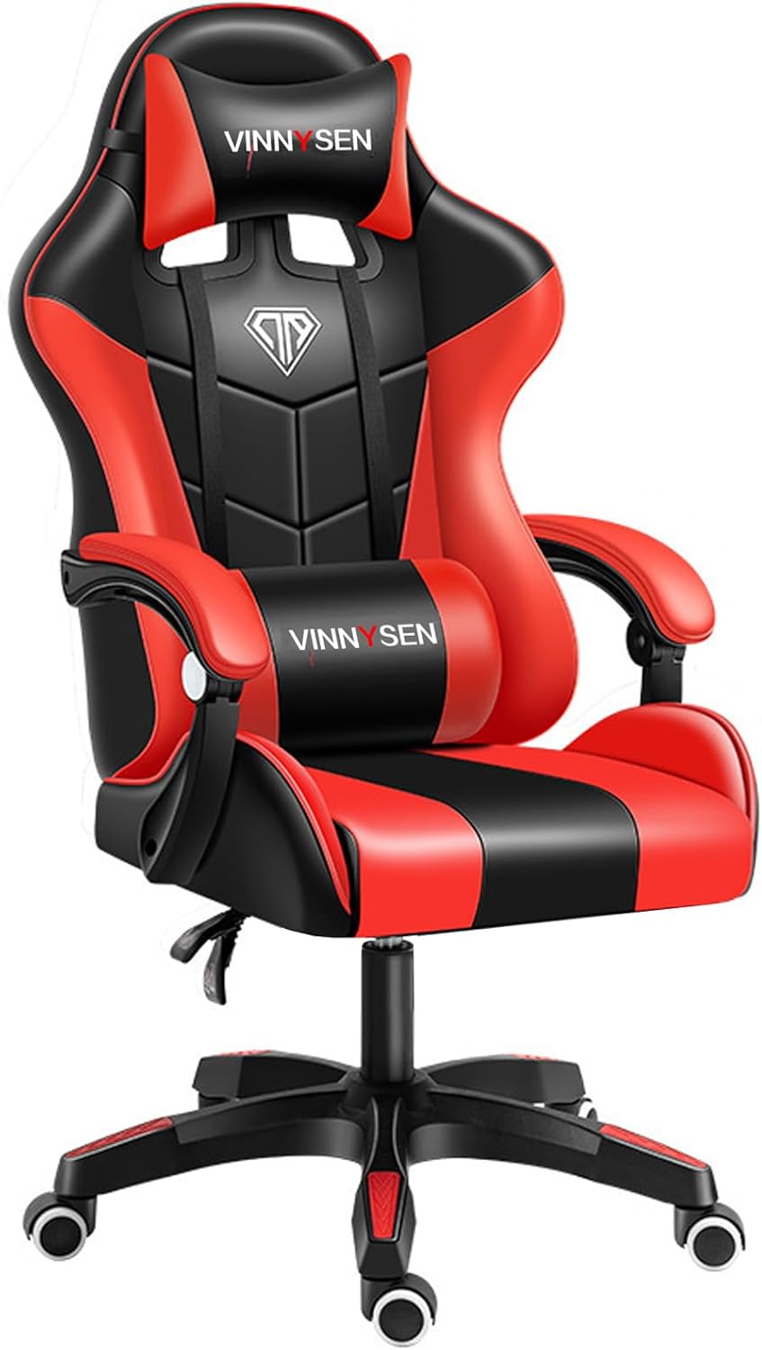 VINNYSEN Ergonomic High Back Gaming Chair - Reclining & Height Adjustable Computer Chair with Neck and Massage Lumbar Support, Black