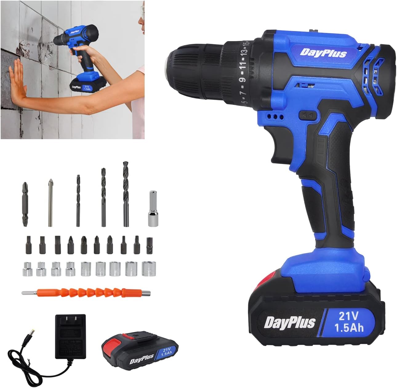 21V Cordless Drill Driver Screwdriver with LED, 45Nm Screw Gun, 25+1 Torque Setting, Lithium-Ion Electric DIY Tools, 0.8mm-10mm Chuck, Variable Speed, Rechargeable Drill for Wood Metal