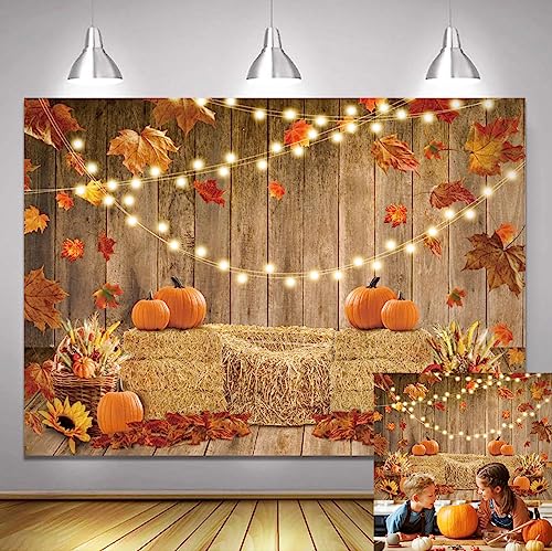 Halloween Backdrops Happy Thanksgiving Autumn Harvest Backgrounds Haystack Pumpkins Maple Leaves Photography Background for Family Photo Studio Props (2.1x1.5m)