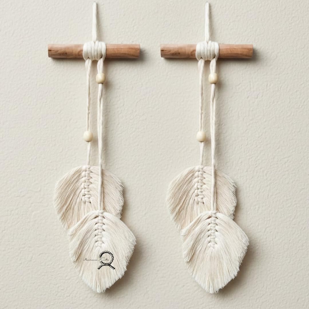 Macrame Kn0ts Leaves Wall Hanging Boho Feather Wall Decor Leaf Yarn Wall Hanging Tapestry Handmade Woven Wall Art For Bedroom Nursery Home Decor (Set of 2) (Off-White)