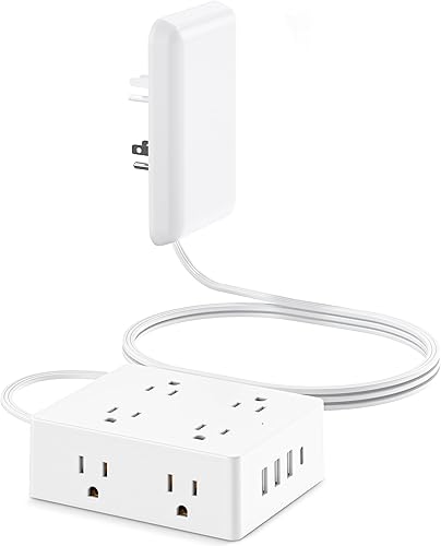 Flat Extension Cord with Outlet Cover, Flat Plug Power Strip with 6 Outlets and 3 USB Ports, 2000 Joules Surge Protector, 5 FT Cord Hidden Outlet Extender for Tight Spaces, White(10 FT,8AC+4USB)