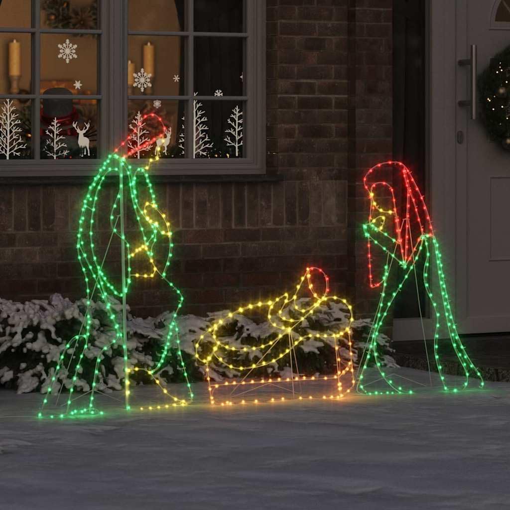 Crèche Illuminée Multicolore, Décoration de Noël en PVC, LED Multicolores, pour Intérieur et Extérieur, 112x72 cm