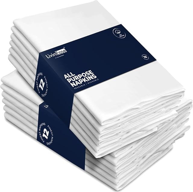LivinEase Cotton Cloth Napkins Set of 12 -100% Organic Cotton 46 x 46 CM Reusable Oversized White Dinner Napkins -Heavy Weight Hotel Quality Pure Cotton Fabric - Ideal for Home Use & Events