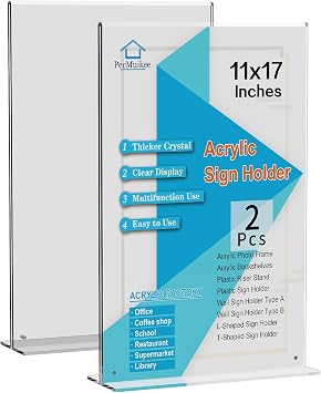 PecMuikee 2 Pack Acrylic Sign Holder11 x 17, Vertical T Shape Plastic Sign Holder -Clear T Shaped Table Menu Display Stand for Restaurant Office Store Home