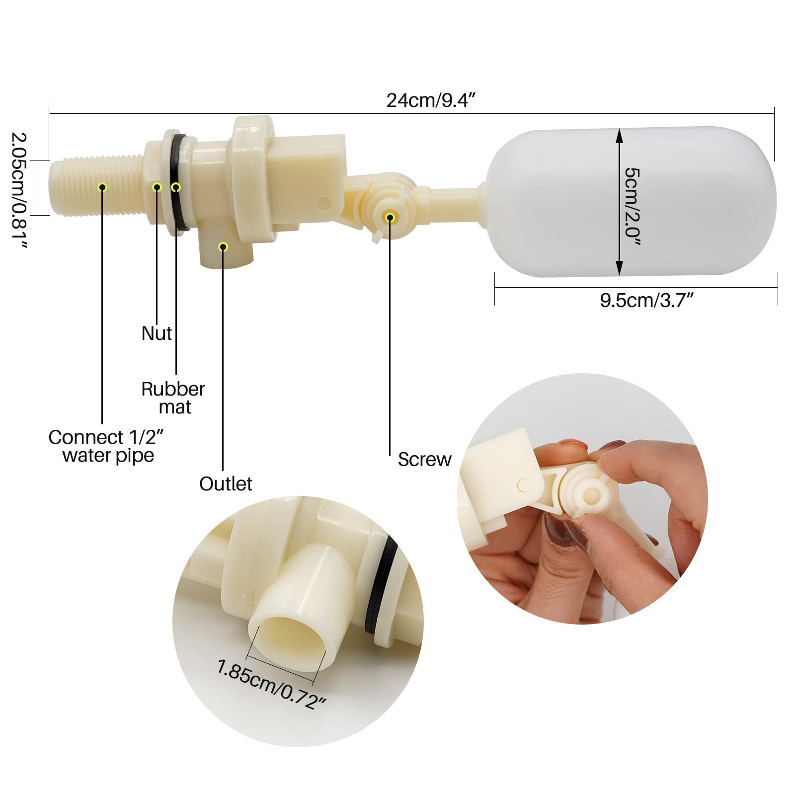 Válvula de Bola Flotante de 1/2 Pulgadas para Bebederos Automáticos, Válvula de Agua de Plástico con Adaptador de Tubería de Agua, Válvulas de Flotación Blancas