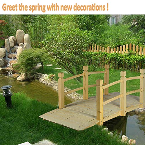HYNAWIN Garden Bridge,Wood Arc Bridge with Rails for outside-5FT Length(Natural),Classic Decoration for Landscaping,Backyard Creek Pond or Farm