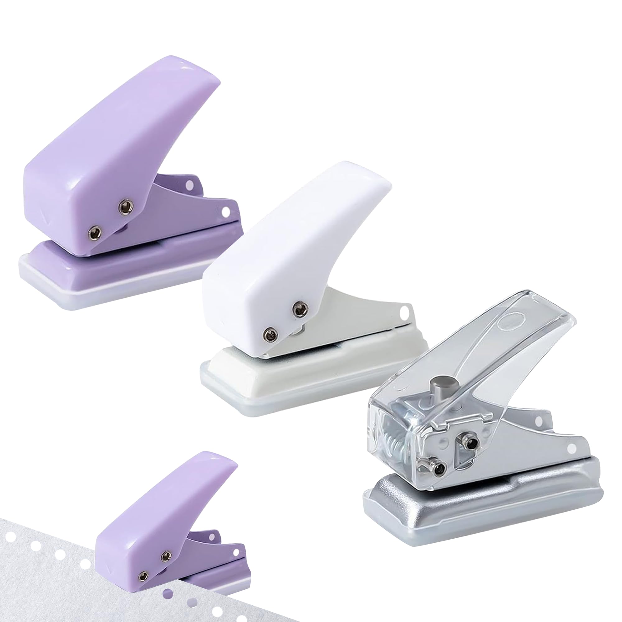 3PCS Single Hole Puncher 3 Colors Mini Paper Punc 10 Sheets Capacity Single Hole Punch for Paper for Scrapbooking Craft Projects(White/Purple/Transparent)