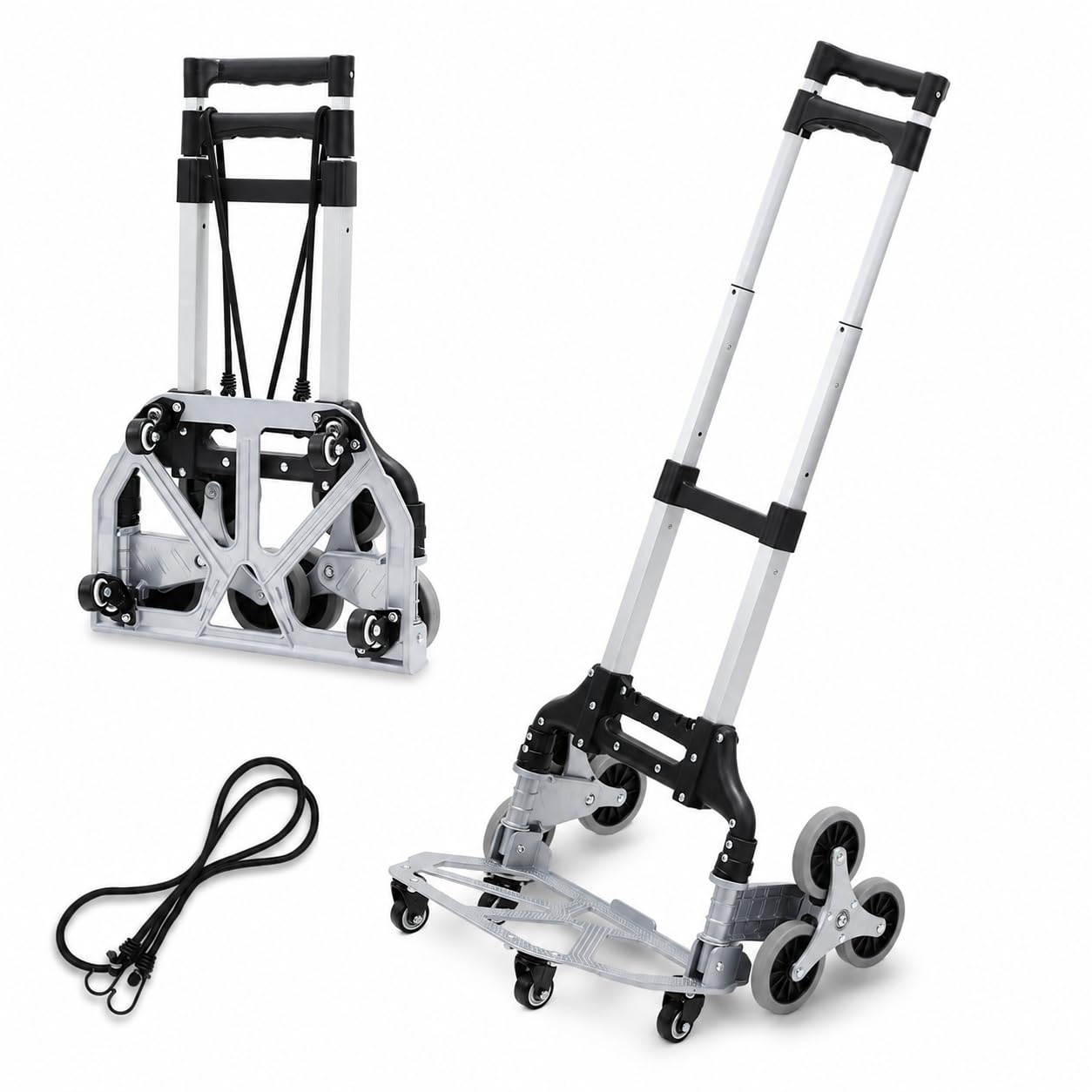 Aluminiowy wózek transportowy, składany, udźwig 35-70 kg, potrójna regulacja wysokości, 6 kół, wózek schodowy z antypoślizgową powierzchnią ładunkową
