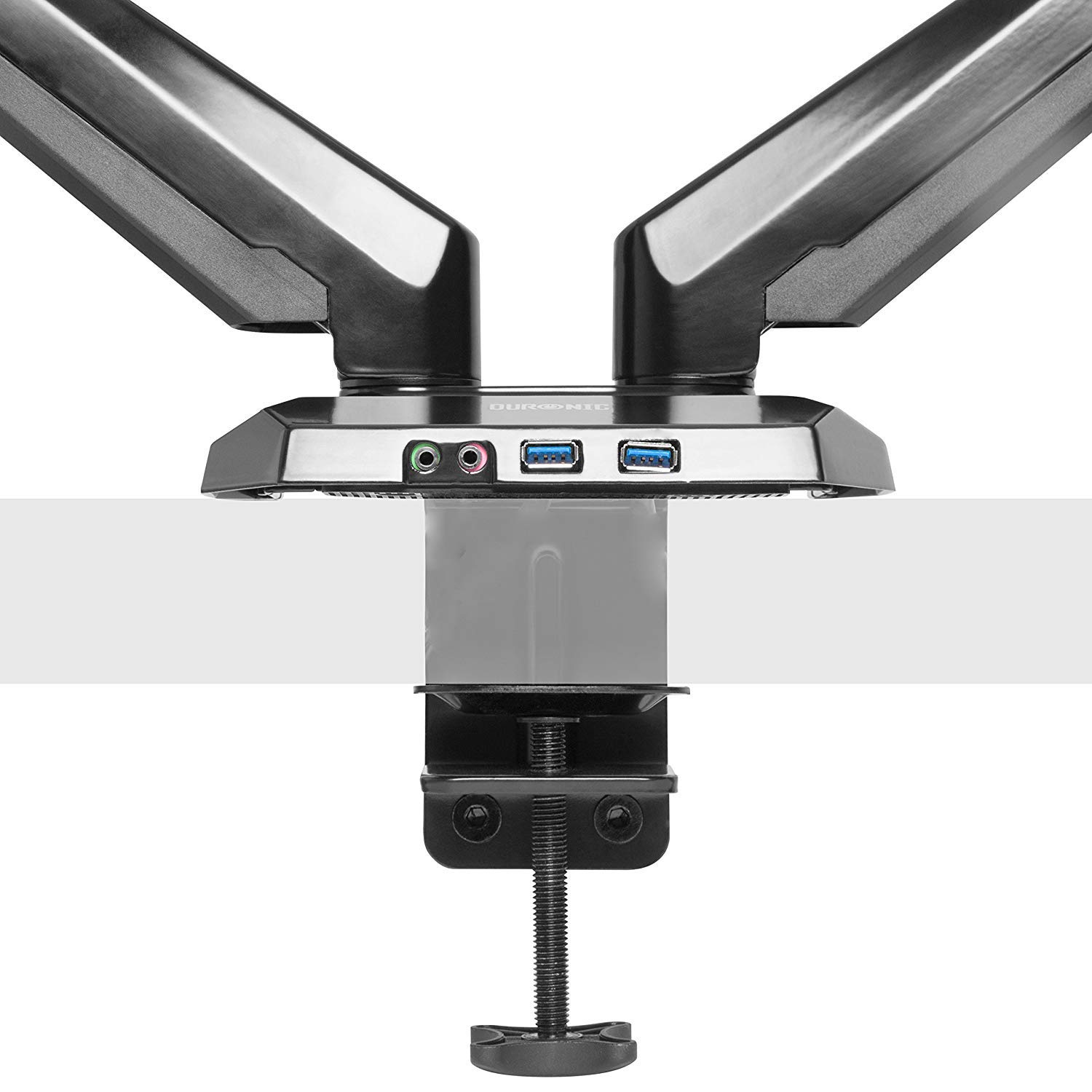 Duronic DMUSB5X2 Supporto Doppio Monitor 13"-27" con Bracci a Molla a Gas | Portata 8kg per Braccio, Altezza Regolabile 50cm, Inclinazione -90°/+85°, Base con Porte USB e Jack Audio, Alluminio