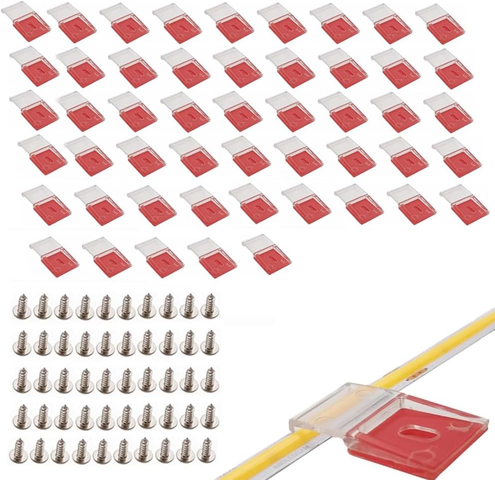 50Pcs LED Strong Fixing Clips and Screws Transparent Strip Light Clips Self Adhesive with Screws Mounting Holder, for 10mm Width IP30 IP65 SMD COB Strip Lights, Fairy Lights, String Lights,Wire,Cable