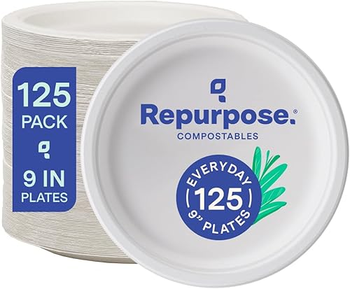Repurpose - Platos compostables de 9 pulgadas, 125 unidades, 1 paquete, platos de papel resistentes aptos para microondas, alternativa a platos de