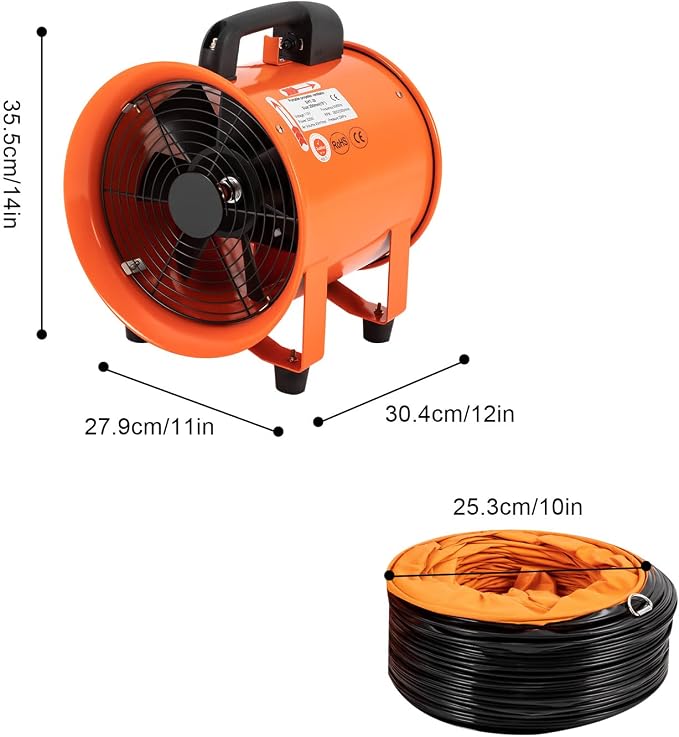 Ventilador de aire industrial portátil con manguera, ventilador de extracción de alta velocidad de 520 W / 320 W / 1100 W, ducto flexible para extracción y ventilación, extractor de humos para hogar y obra (10 pulgadas, 5 m) miniatura 3