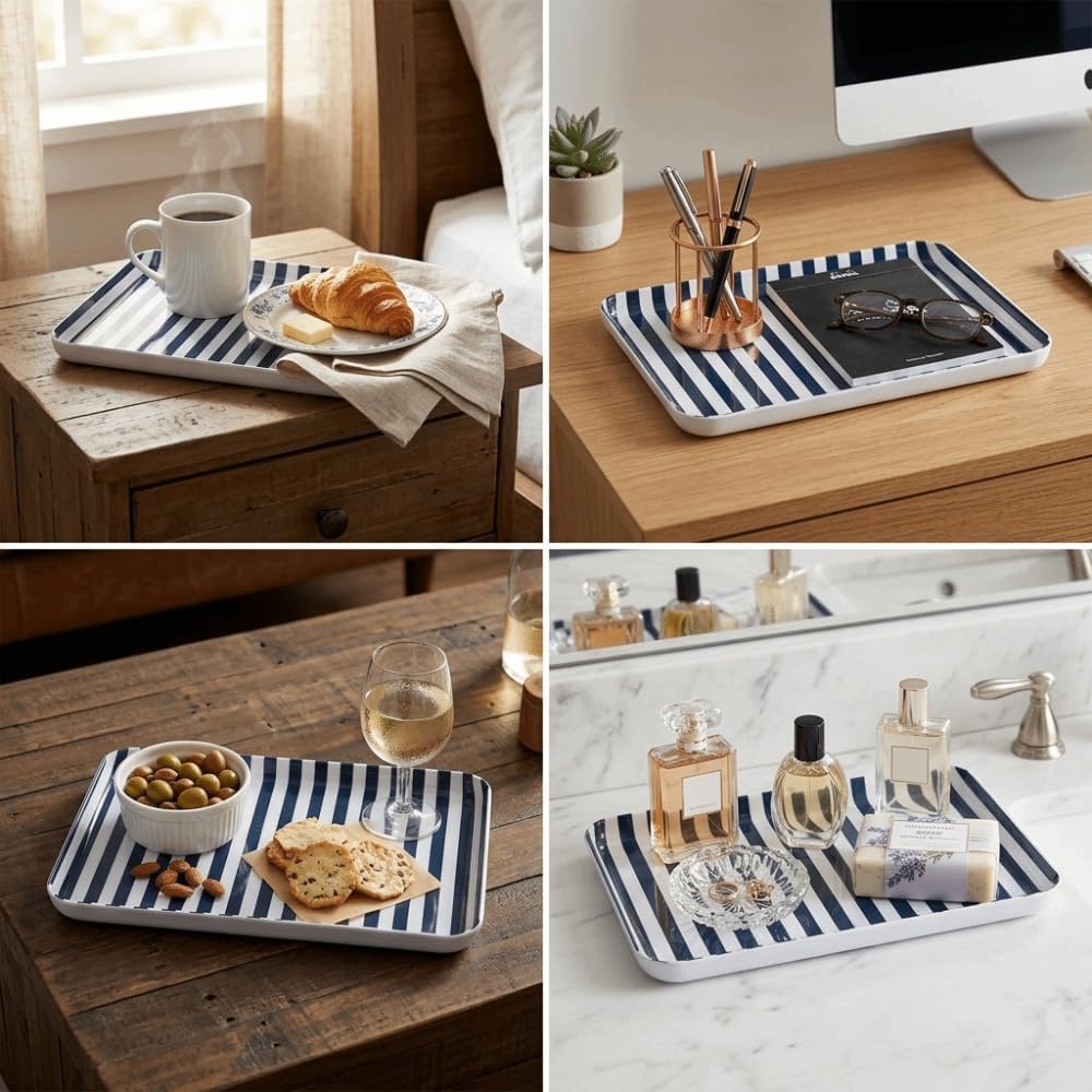 Blue White Stripe Rounded Corners Melamine Fruit Tray Colourfast Easy Clean Smooth Surface Raised Edges Food Plate for Dessert Restaurant
