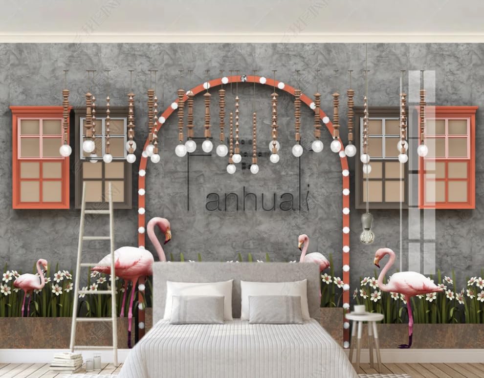 Papier peint flamant rose intissé pour masquer un grand mur vide et transformer un salon