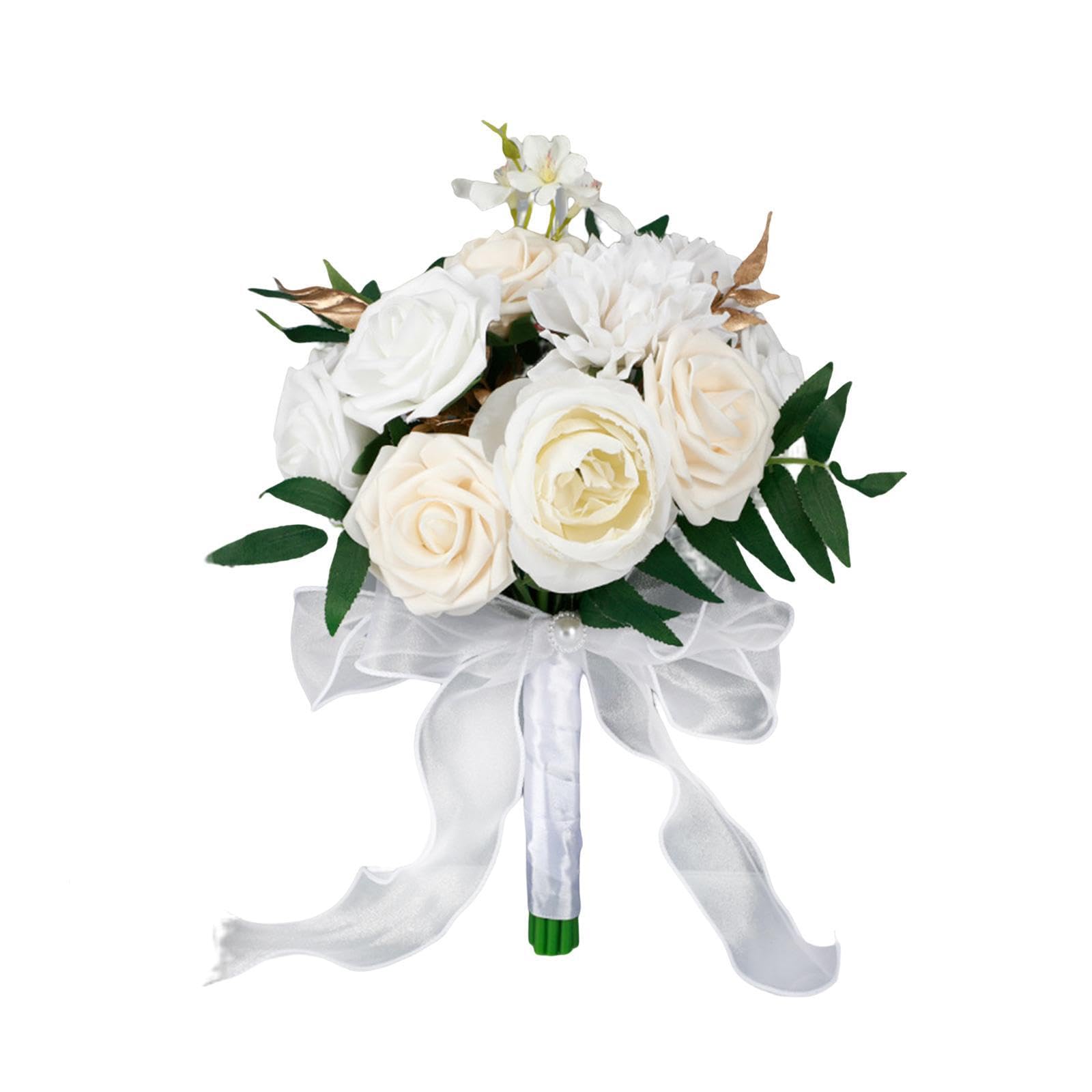 Zambuph Romantic Wedding Bridal Bouquets Holder Artificial Flowers Beautiful Silk Hand Flower Bouquets For Elegant Venues Church Flowers Photography Props, White, 29x22cm