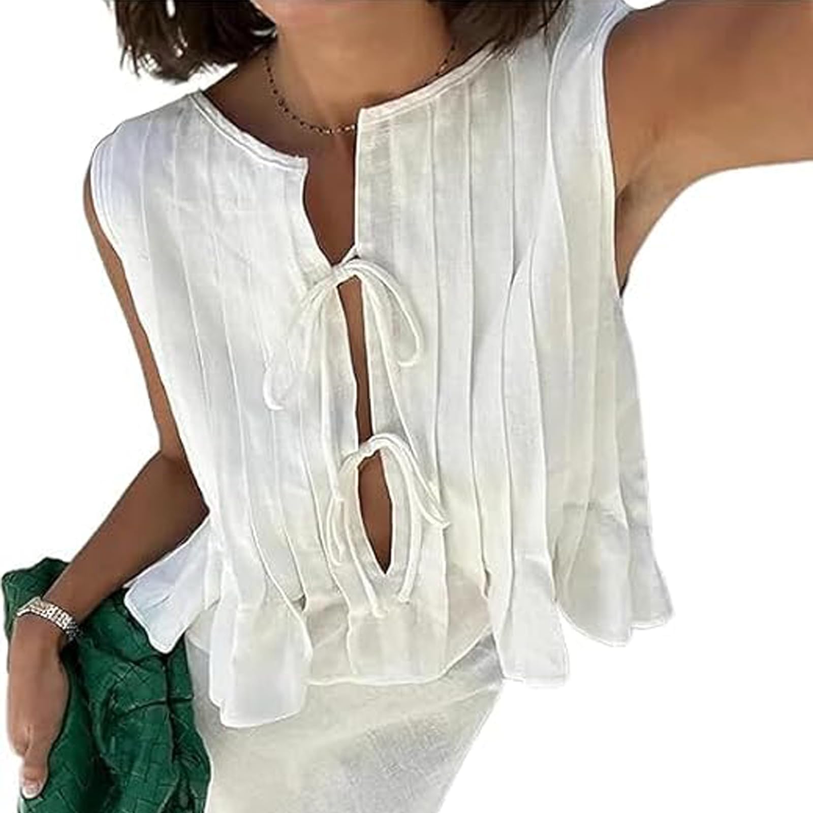 Women Bow Tie Front Tank Top Pleated Peplum Sleeveless Linen Vest Blouse