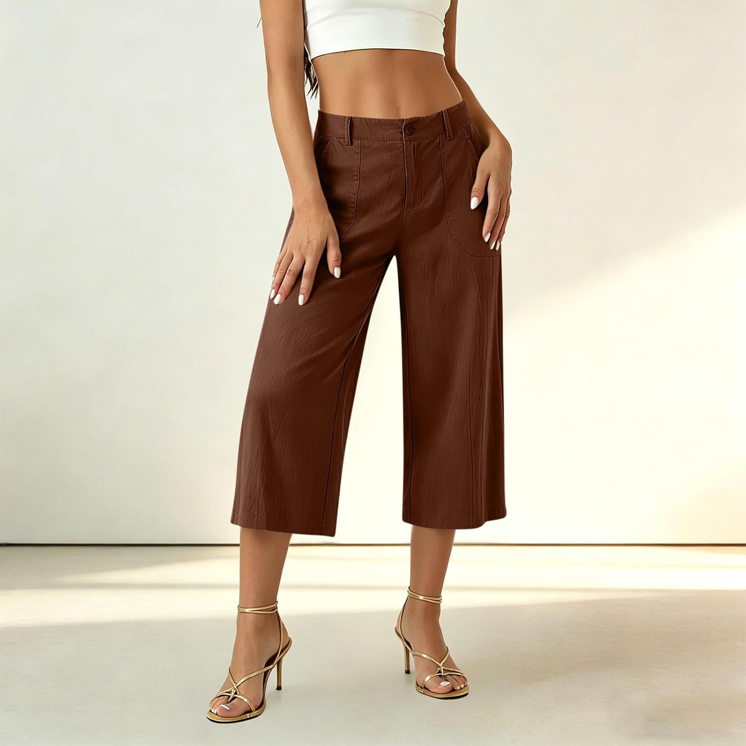Cotton Capri Pants for Women Loose Fit Casual Wide Leg High Waist Cropped Pant Solid Summer Linen Clothes