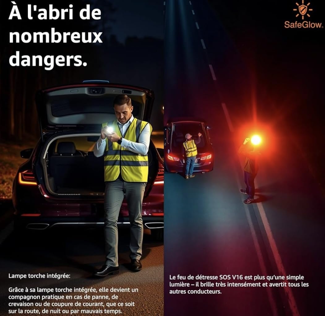 Balise de détresse V-16 – Homologuée DGT – Éclairage LED haute visibilité à 360° – Base magnétique – Sans géolocalisation – Pile incluse – Remplace le triangle