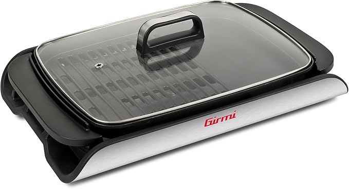 Girmi BQ91 Parrilla y Barbacoa Eléctrica, 2000W, Placas Antiadherentes XL 40 x 30 cm de Doble Uso, Sin Humo, Tapa de Vidrio Templado, Temperatura Regulable, Bandeja Recogegrasas, Color Gris