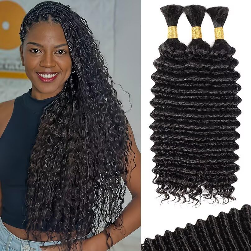 12A Human Braiding Hair for Boho Braids 3 Bundles 18 Inch 100g Deep Wave Braiding Hair for Bohemian Knotless Braids 100% Unprocessed Brazilian Virgin Bulk Hair Extensions No Weft Natural Color